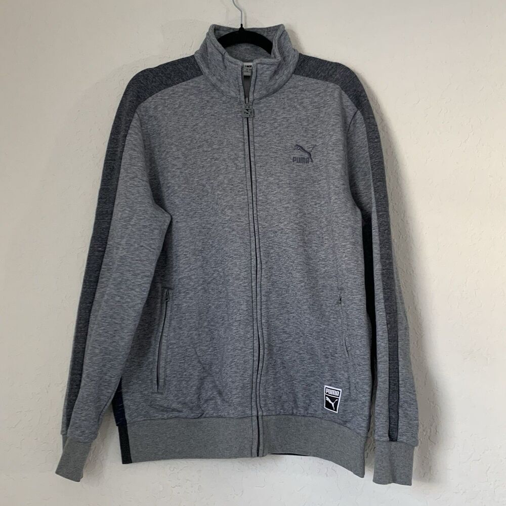 Puma Jacket Men L Track Fleece Heather‎ Gray Blue Colorblock Full Zip Athletic